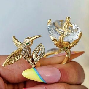 Gold Hummingbird Ring with Clear Crystal Accent